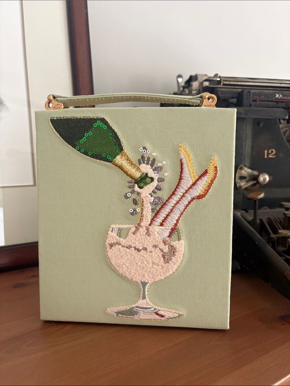 JW PEI Light Green Embroidered Champagne Clutch